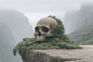 A large skull covered in green foliage sits on a stone ledge with misty mountains in the background.
