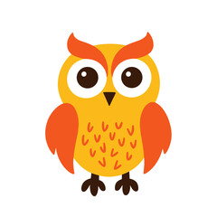 Fototapeta premium Cute cartoon owl character with orange and yellow feathers 