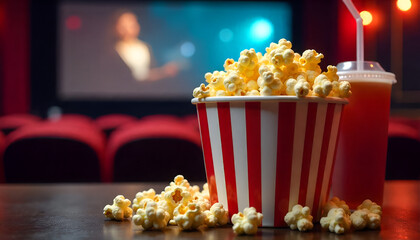 A striped red-and-white bucket of popcorn with a soft drink in a cinema, perfect for a movie night snack.