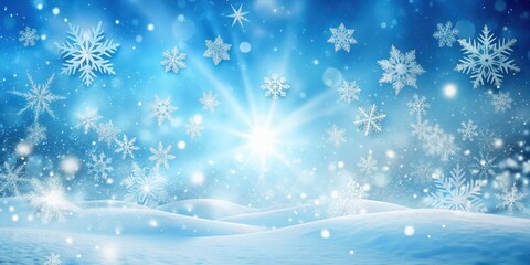 Naklejka premium Snowy winter landscape with delicate snowflakes gently falling in a blue background