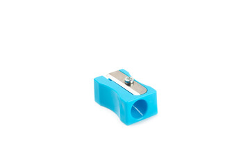 Pencil sharpener isolated on white background. Pencil and pencil shavings. Stationery. School...
