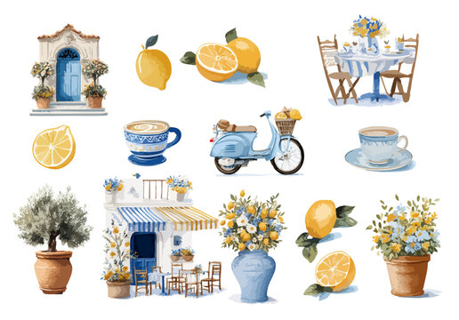 Italian Summer Lifestyle &mdash; Coffee, Lemons, Flowers and Vespa in Mediterranean Style. Watercolor. Collection of Vector  illustrations. Perfect for invitation, card, poster, banner, decoration