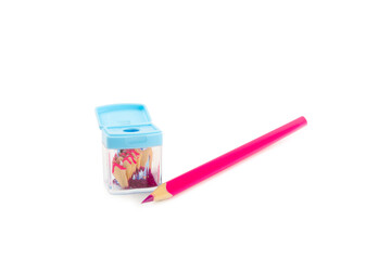 Pencil sharpener isolated on white background. Pencil and pencil shavings. Stationery. School supplies. School products. Flat lay. Place for text. copy space.