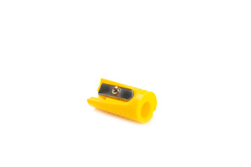 Pencil sharpener isolated on white background. Pencil and pencil shavings. Stationery. School...