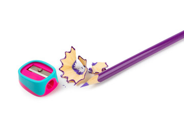 Pencil sharpener isolated on white background. Pencil and pencil shavings. Stationery. School...