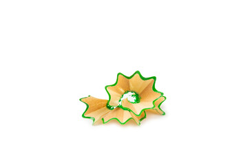 Pencil sharpener isolated on white background. Pencil and pencil shavings. Stationery. School...