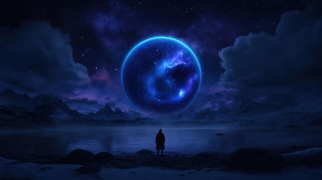 A lone figure stands by a tranquil lake under a starry sky, gazing at a glowing blue planet.
