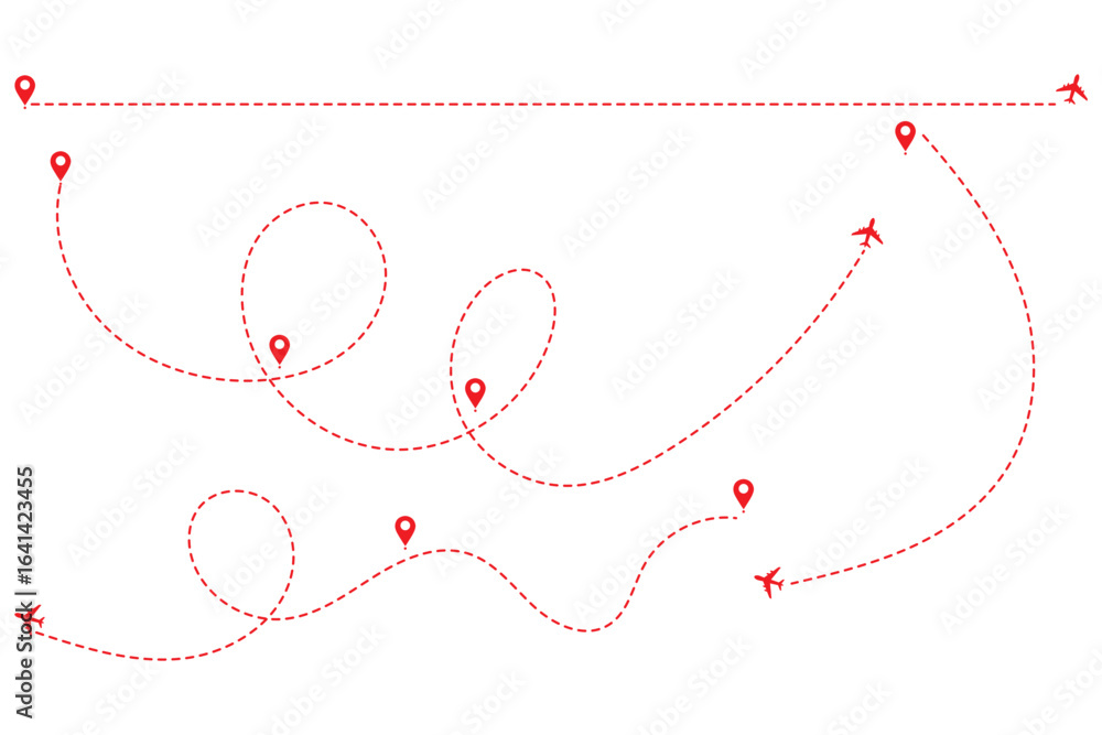 Poster travel concept dotted path airplane aircraft tracking. line path vector icons of air plane flight ro