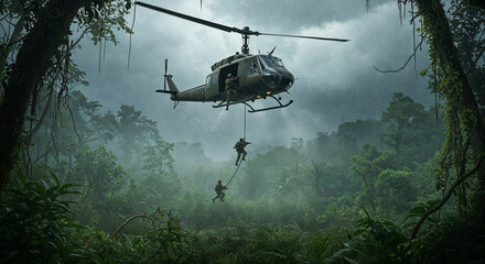 Fototapeta premium Military helicopter hovering over a rainy Vietnamese jungle with soldiers rappelling. 