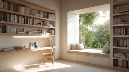 Cozy home office nook with arched window and natural light in minimalist style. Small Space Study Nook Ideas, peaceful work-from-home concept