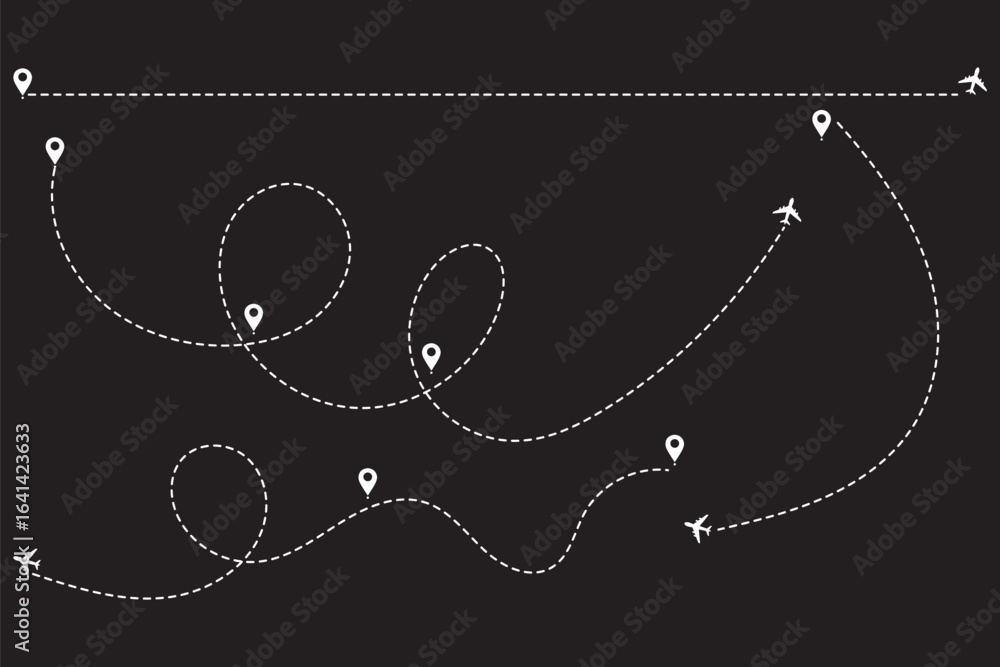Poster travel concept dotted path airplane aircraft tracking. line path vector icons of air plane flight ro