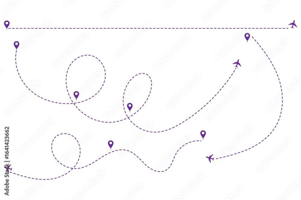 Poster travel concept dotted path airplane aircraft tracking. line path vector icons of air plane flight ro