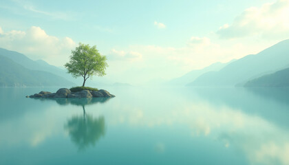 A green tree stands alone on a small rocky island surrounded by calm water. The clear blue sky reflects on the water’s surface, creating a peaceful and serene atmosphere