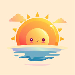 Adorable Sun Character Illustration Over Water Cartoon Style Design For Children's Illustration