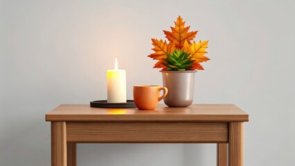 Cozy Autumn Decor with a Candle, Colorful Leaves, and a Mug on a Wooden Table in a Warm, Minimalist Setting