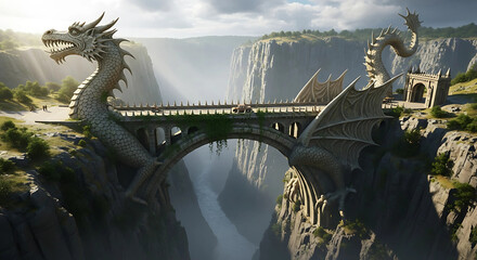 Fototapeta premium A majestic dragon bridge spanning a deep canyon, blending fantasy architecture with breathtaking natural landscape and historical monument