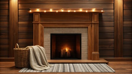 Fototapeta premium Cozy Wooden Fireplace with Candles and Rug in a Warm Interior Decor Setting