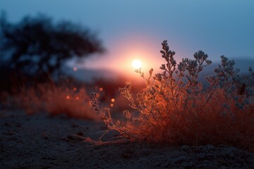 Serene desert sunset with silhouetted shrubs and glowing horizon