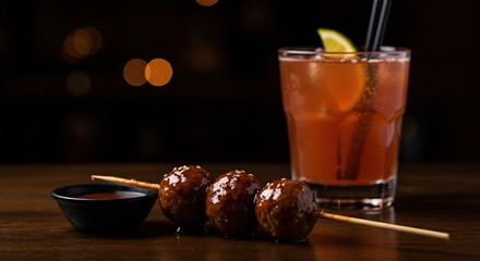 Three meatballs on a skewer with dipping sauce and a cocktail on a wooden table surface setting - ia generated