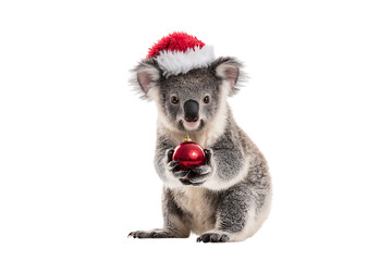 Cute koala in Santa hat holding Christmas ornament