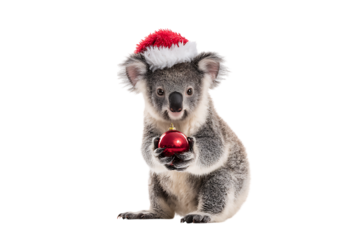 Cute koala in Santa hat holding Christmas ornament