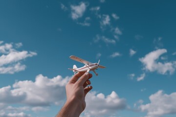 Hand holding toy airplane against blue sky with clouds