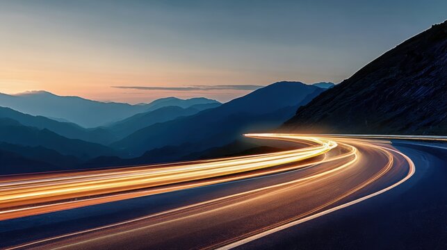 Long Exposure of Car Headlights Streaking Along Mountain Road at Dusk, Creating Motion Blur Effect - Powered by Adobe