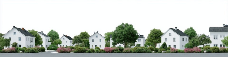 Suburban neighborhood with white houses and greenery along roadside