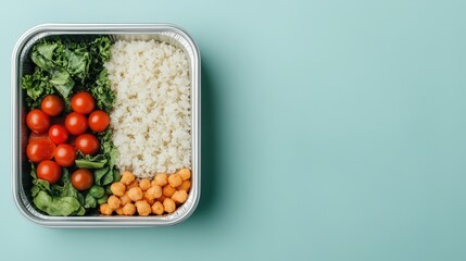 A healthy meal in a divided container featuring kale, cherry tomatoes, cauliflower rice, spinach, and chickpeas on a light blue background.