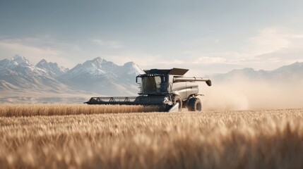 Fototapeta premium A sleek combine harvester working in a wheat field with mountains in the background.