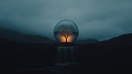 A solitary tree inside a transparent sphere, illuminated by a warm glow, with a waterfall cascading below against a misty backdrop.
