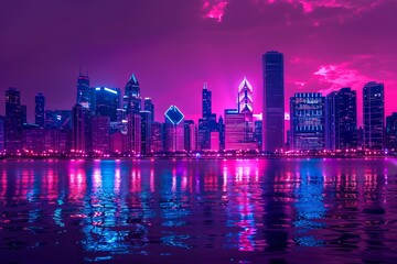 Chicago skyline reflecting in lake michigan at night with vibrant synthwave colors