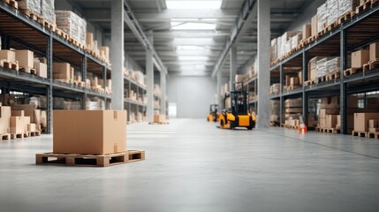 A spacious warehouse interior with shelves of packaged goods and a single box on a pallet.