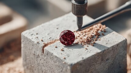 A sparkling red gemstone is positioned on a concrete block, with a tool nearby for precision work.