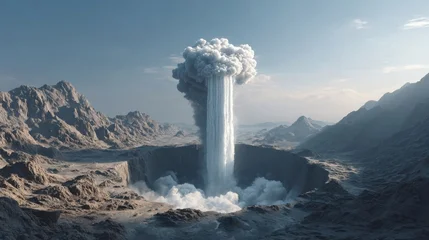 A striking fantasy landscape showcasing a waterfall pouring from a cloud above a rocky canyon. © Vadim Pushenko