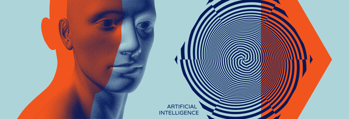 Male face made of dots. Digital face. Hexagonal figure made of circular lines cut into 6 parts. Optical illusion. Color mask overlay effect with offset. Illustration for cover, card, poster, brochure.