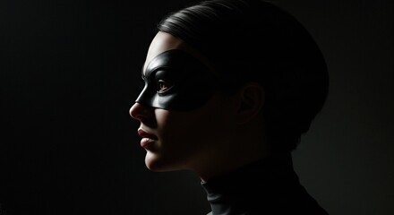 Profile portrait of a woman wearing a mask and a turtleneck sweater in a studio setting with low key lighting - ia generated