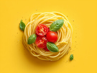 Delicious spaghetti with fresh tomatoes and basil on a vibrant yellow background for a colorful culinary presentation Generative AI