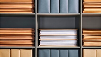 Organized Books and Documents on Shelves in a Modern Office Workspace with Textured Folders and Bindings