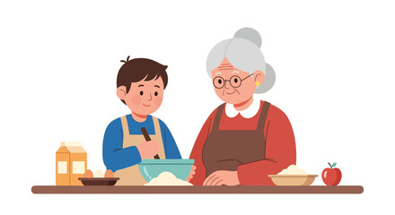 Grandmother and Grandson Baking Together in the Kitchen