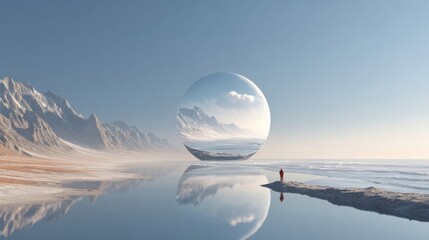 A surreal landscape featuring a reflective sphere and a lone figure near a tranquil water body.