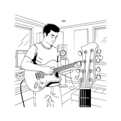 A young man playing electric guitar in a recording studio with another guitar in the foreground