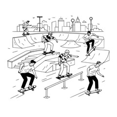 A black and white line drawing of a group of people skateboarding in a skatepark with city skyline