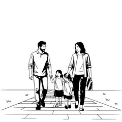 A family of four walking together on a brick path in a black and white line drawing illustration