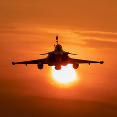Fighter jet soars through the sunset sky, showcasing its silhouette against the glowing horizon during twilight Generative AI