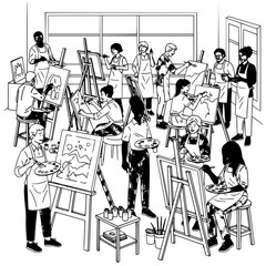A group of people are painting on canvases in an art class with easels and various art supplies