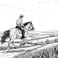 A cowboy riding a horse through a rural landscape with rolling hills and a winding path in monochrome