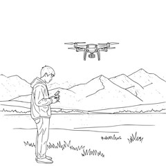 A young man operating a drone in a scenic mountain landscape on a clear day in black and white line art