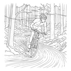 A cyclist rides a mountain bike on a winding dirt path through a dense forest in a line drawing style