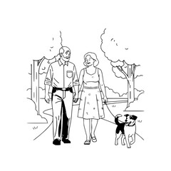 Elderly couple walking their dog in a park with trees and a path on a sunny day illustration